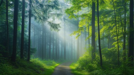 Fototapeta premium Beautiful forest with sunlight filtering through trees. Ideal for wellness, relaxation, nature, and eco lifestyle content.