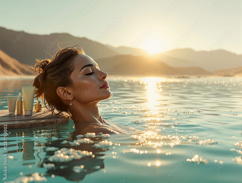 Poster a woman in a serene pool, bathed in the soft glow of the setting sun, with a backdrop of majestic mo