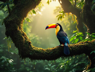 A vibrant toucan perched on a moss-covered tree branch, surrounded by a lush, green forest bathed in a soft, golden light.