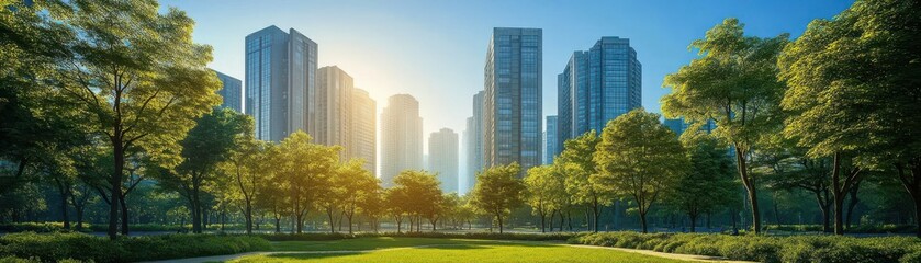 Green urban park with sustainable architecture, illustrating ecofriendly economy