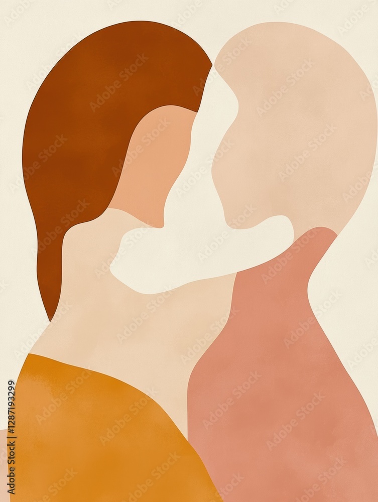 Poster minimalist illustration of two people embracing in a warm, intimate moment captured in soft colors. 