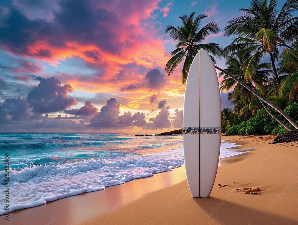 Poster a vivid tropical beach scene captured during sunset, with a surfboard prominently positioned on the 