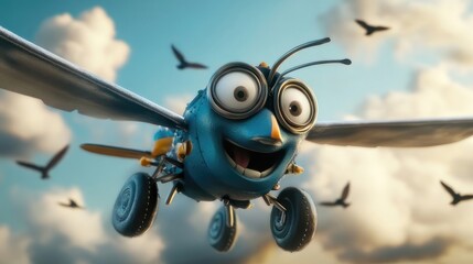 Smiling airplane character flies high in the sky