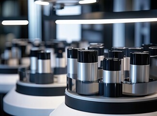 Modern skincare display, retail store, bottles, black and silver