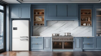 Fototapeta premium Blue kitchen with white marble and dark wood flooring