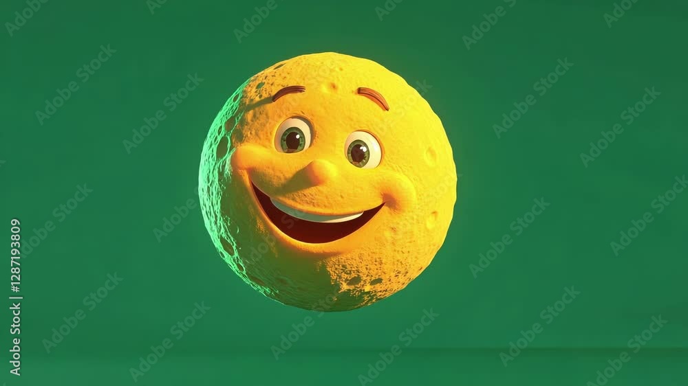 Poster yellow cartoon moon character with a big smile rotating slightly against a vibrant green screen back