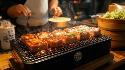 Sizzling Grilled Meat on a Small Black Grill at a Food Stall,Char Siu Pork