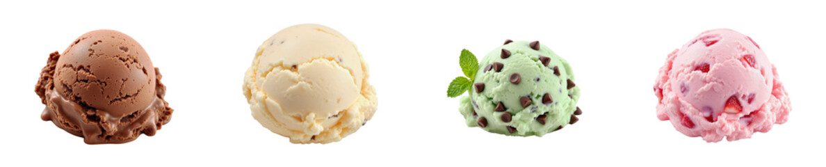 Delicious Array of Ice Cream Scoops in Chocolate, Vanilla, Mint Chocolate Chip, and Strawberry Flavors, Showcasing Sweet Temptations, Isolated on Transparent and White Background