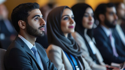 An Attendees listening attentively at business networking conference panel discussion, showcasing engagement and professionalism