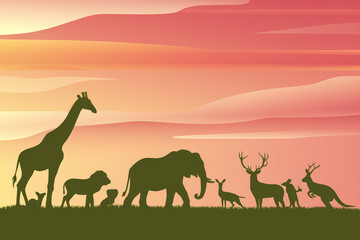 Silhouette of African Wildlife Against a Vibrant Sunset Background