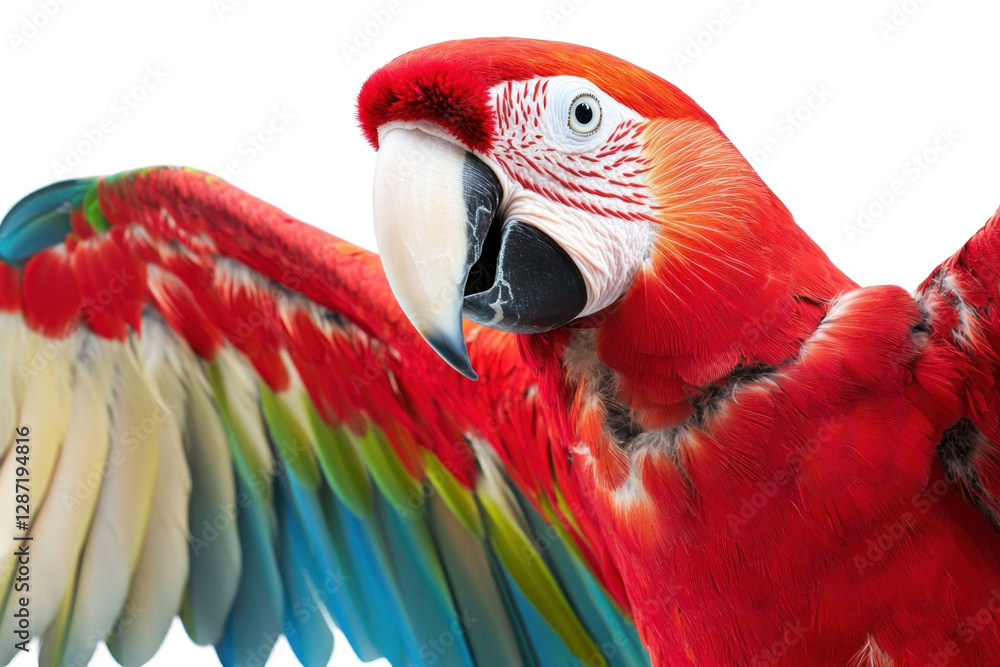 Poster close up of a macaw with vibrant red plumage and extended wings. the parrot's multicolored feathers 