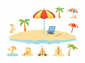 15 summer beach icons in flat style. Beach landscape, beach umbrella, sandcastle, palm tree, and more coastal elements.