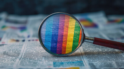 A Magnifying glass focusing on rainbow stripes representing equality and rights activism on newspaper background