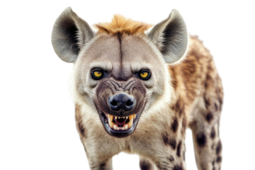 Close up of an aggressive animal with yellow eyes and exposed teeth on transparent background
