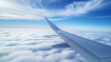 Fototapeta premium Airplane wing above clouds during serene sunrise flight
