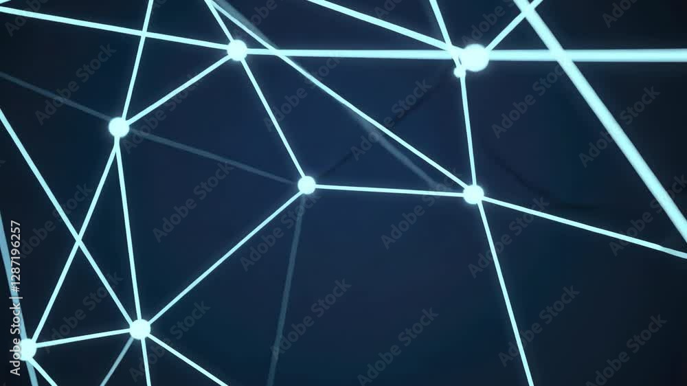 Poster glowing network of interconnected lines and nodes on dark background represents digital connectivity