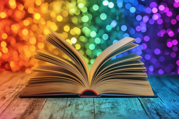 Open book with colorful pages, symbolizing LGBTQ stories and understanding. vibrant background enhances theme of knowledge.
