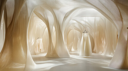 An avant-garde fashion exhibit, abstract rock-inspired structures forming a harmonious retail space, sheer curtains framing the display