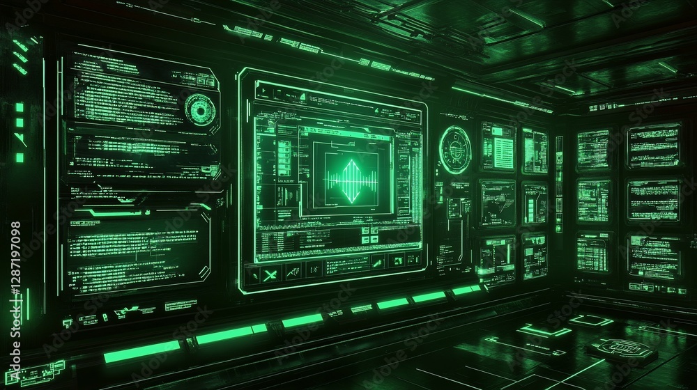 Aufkleber futuristic control room with glowing green monitors displaying complex data and charts
