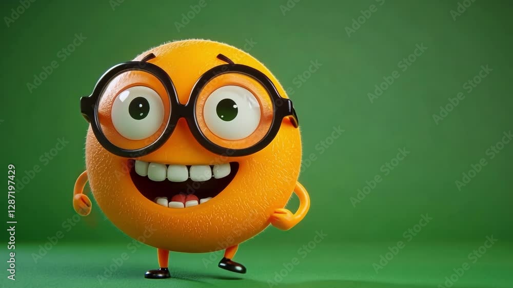 Poster animated orange cartoon character wearing glasses, cheerfully smiling on vibrant green screen backgr