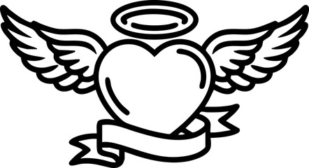 Vector Halo Winged Heart Tattoo Style Illustration Typography. With Custom text Banner Ribbon and angel wings.