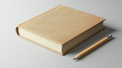 Beige book and pencil on light gray surface