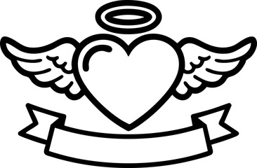 Vector Halo Winged Heart Tattoo Style Illustration Typography. With Custom text Banner Ribbon and angel wings.