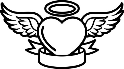Vector Halo Winged Heart Tattoo Style Illustration Typography. With Custom text Banner Ribbon and angel wings.