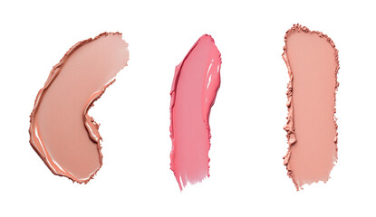 Fototapeta premium Trio of Chic Cosmetic Swatches in Nude and Pink Tones, Highlighting Smooth and Velvety Textures for Beauty and Makeup Enthusiasts, Isolated on Transparent and White Background