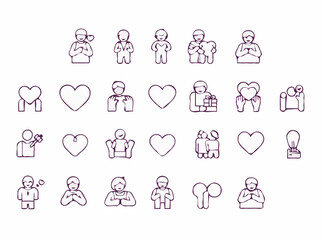 Volunteering outline icons collection with 15 symbols for philanthropy and humanitarian causes. Volunteer work, support group, charitable activities.