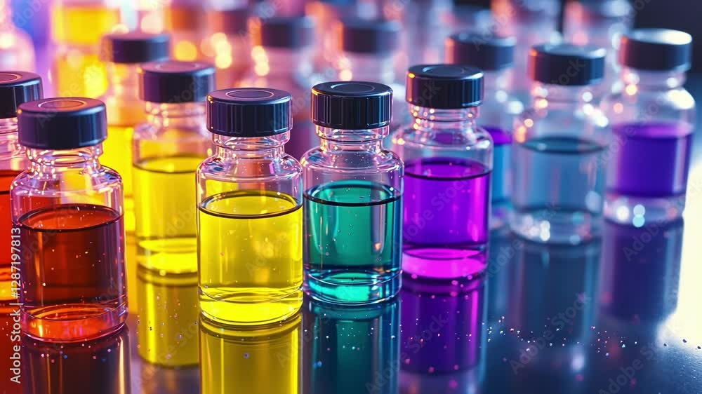 Poster laboratory vials filled with various colored liquids are illuminated by vibrant, multicolored lights