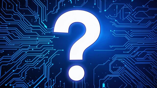 Abstract digital background featuring a glowing question mark amidst intricate circuit patterns