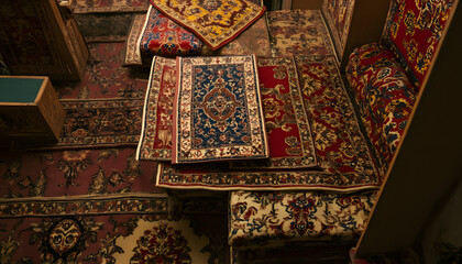 Persian carpet,  Decorative seating area with intricate rugs and cushions, showcasing rich patterns and traditional design