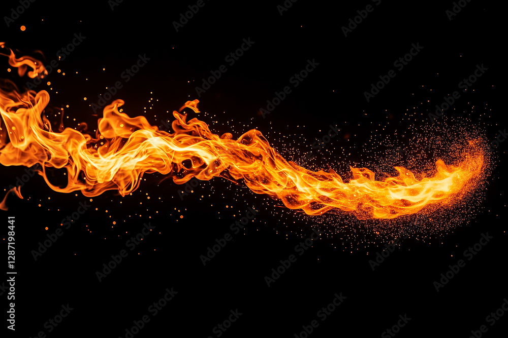 Poster dynamic flame movement against dark background with sparks and textures