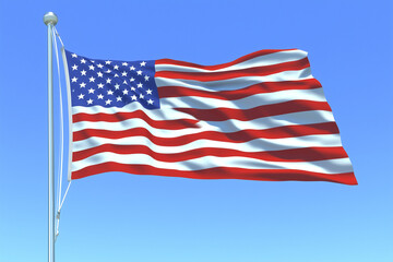 Fototapeta premium Beautiful USA Flag Flutters in the Wind Against a Clear Blue Sky