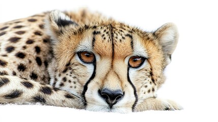 Resting cheetah close-up isolated white background wildlife photography calm environment eye-level view stunning beauty
