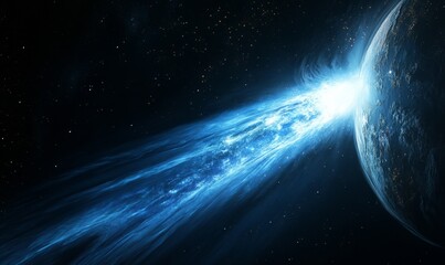 Fototapeta premium Comet striking planet, space, cosmic impact, background stars, science fiction