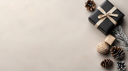 Naklejka premium Christmas gift, decorative elements, neutral background, flat lay, holiday scene, showcasing festive presents, suitable for greeting cards