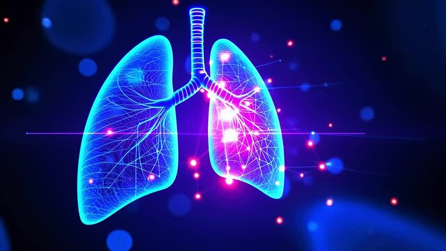 Abstract digital illustration of human lungs with glowing connections and vibrant background effects