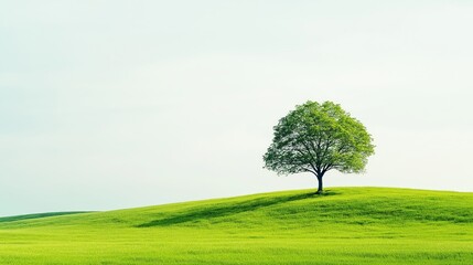 Fototapeta premium Single green tree on grassy hill under clear blue sky