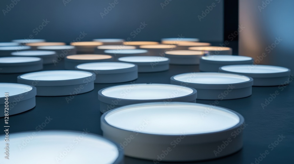 Poster many round white devices with built in lights illuminating a dark room, creating an abstract and fut