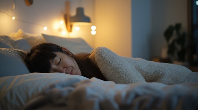 woman peacefully sleeping in bed in a modern bedroom with fairy lights