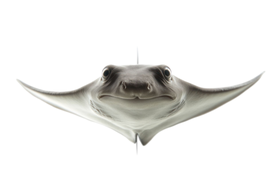 Close up of a grey stingray with its wings spread against a black background. The stingray is centered and facing the camera
