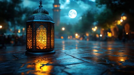 Illuminated lantern on a stone plaza at night, with a full moon and old city buildings in the background.