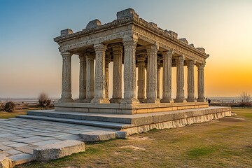 Obraz premium Ancient temple at sunset overlooking plains