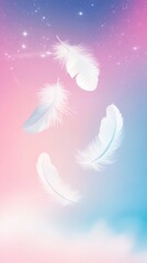 Obraz premium White feathers floating in pink and blue sky 