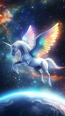 Fototapeta premium Winged unicorn flying above earth in space 