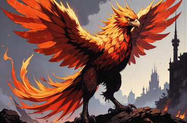 Obraz premium heroic fantasy portrait of a legendary fire bird portraying strength power destruction and rebirth with vibrant colors mystical atmosphere epic artwork for fantasy lovers and collectors