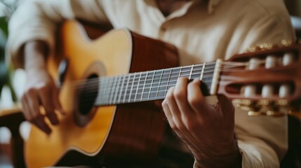 Obraz premium Close-up of Person Playing Classical Acoustic Guitar in Soft Light