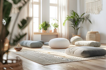 Tranquility Embodied: An Individual Engaging in RQ Restorative Yoga in a Calm and Serene Setting